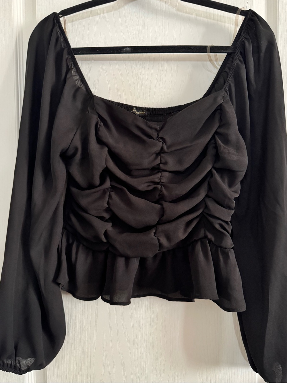 Shinestar Black Ruched Peplum Long-Sleeve Blouse